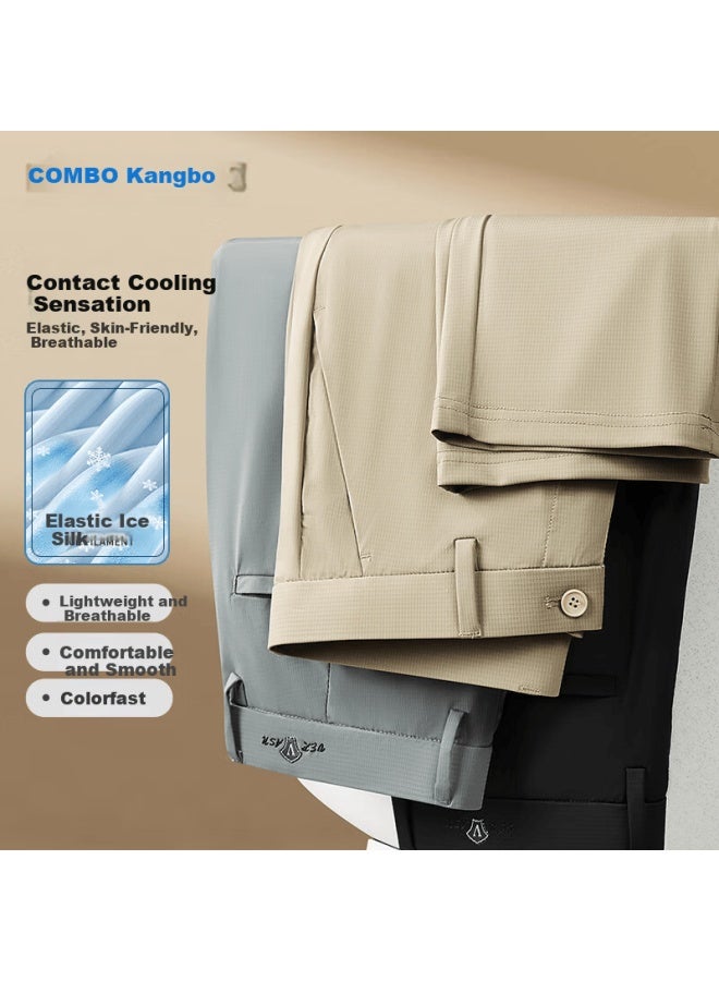 Kangbo Commboy Men's Business Ice Silk Stretch Summer Thin Breathable Loose Straight Casual Pants Black 29 - Image 1