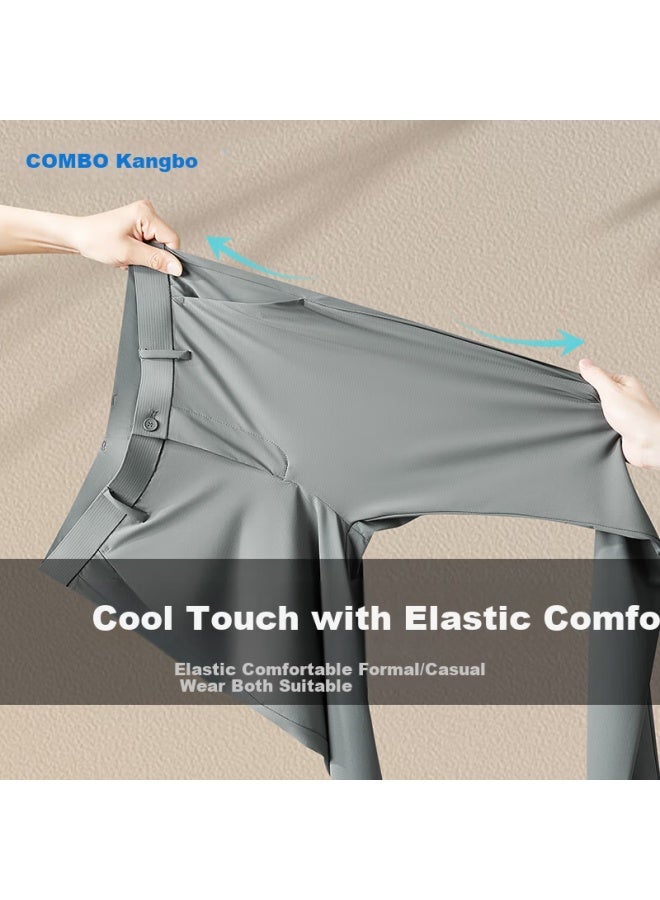 Kangbo Commboy Men's Business Ice Silk Stretch Summer Thin Breathable Loose Straight Casual Pants Black 29 - Image 2