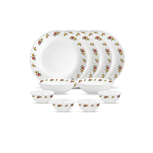 La Opala Novo Collection Opal Glass Crockery | for Family of 4 | Dinner Set 10 pcs Petite Roses | Plates & Bowls for Dining | Microwave Safe | 100% Vegetarian | Extra Strong | Light & White - Image 1