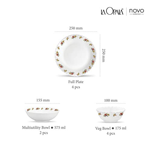 La Opala Novo Collection Opal Glass Crockery | for Family of 4 | Dinner Set 10 pcs Petite Roses | Plates & Bowls for Dining | Microwave Safe | 100% Vegetarian | Extra Strong | Light & White - Image 3