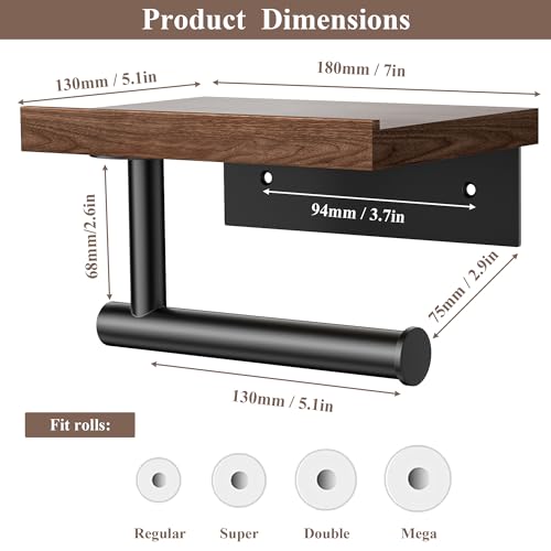 Tindbea Toilet Paper Holder with Wood Shelf, Wooden Wall Mount Tissue Paper Roll Holder, Matte Black Stainless Steel Bathroom Accessories Decor Household Home Apartment Restroom Essentials (Walnut) - Image 3