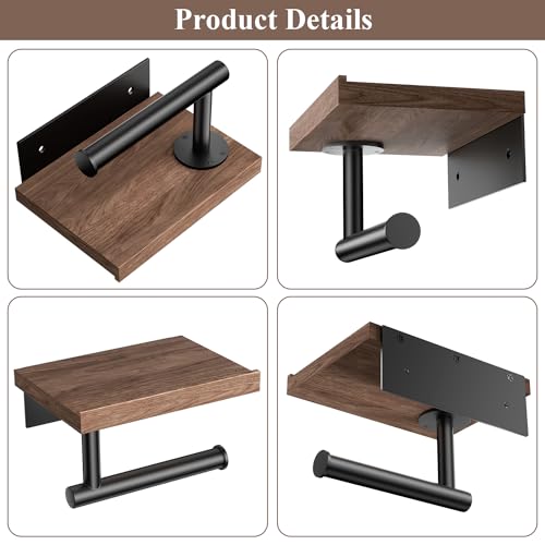 Tindbea Toilet Paper Holder with Wood Shelf, Wooden Wall Mount Tissue Paper Roll Holder, Matte Black Stainless Steel Bathroom Accessories Decor Household Home Apartment Restroom Essentials (Walnut) - Image 5
