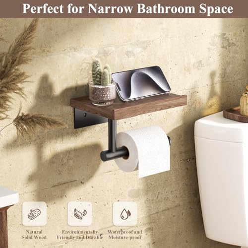 Tindbea Toilet Paper Holder with Wood Shelf, Wooden Wall Mount Tissue Paper Roll Holder, Matte Black Stainless Steel Bathroom Accessories Decor Household Home Apartment Restroom Essentials (Walnut) - Image 2