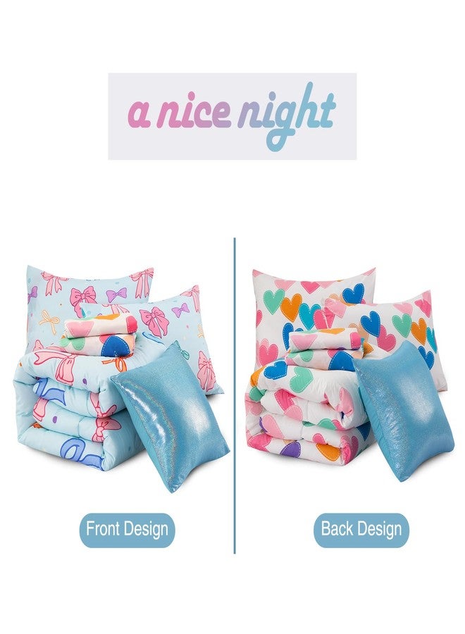 A Nice Night طقم لحاف نوم مزدوج للبنات، 6 قطع، مصنوع من البوليستر الناعم، بتصميم أنيق متعدد الألوان مزين بفيونكات، وخلفية زرقاء، مناسب لجميع الفصول. - Image 4