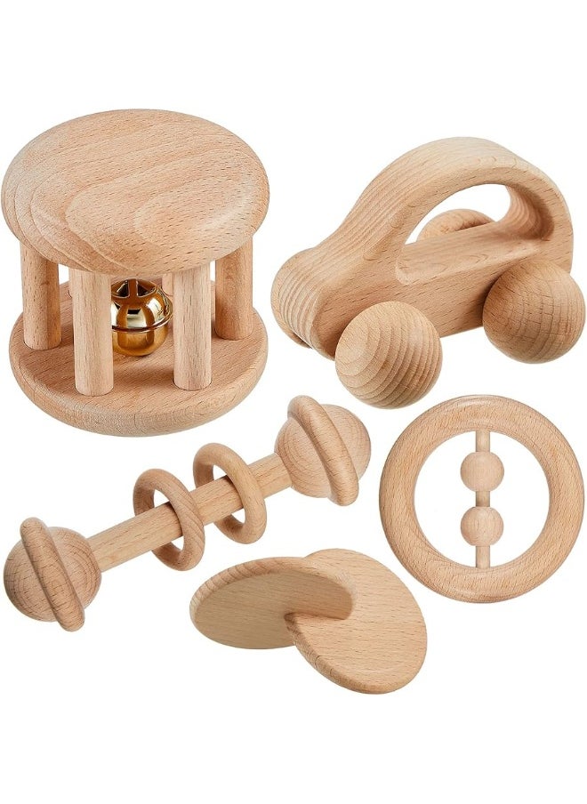 Zhanmai 5 Pieces Wooden Baby Toys Wooden Toys for Babies 0-6-12 Months Wood Toys Rattles with Bells Montessori Wood Baby Push Car Wooden Newborn Toy for Infant Boys and Girls Gifts  - Image 1