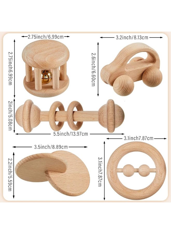Zhanmai 5 Pieces Wooden Baby Toys Wooden Toys for Babies 0-6-12 Months Wood Toys Rattles with Bells Montessori Wood Baby Push Car Wooden Newborn Toy for Infant Boys and Girls Gifts  - Image 3