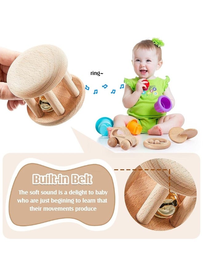 Zhanmai 5 Pieces Wooden Baby Toys Wooden Toys for Babies 0-6-12 Months Wood Toys Rattles with Bells Montessori Wood Baby Push Car Wooden Newborn Toy for Infant Boys and Girls Gifts  - Image 2