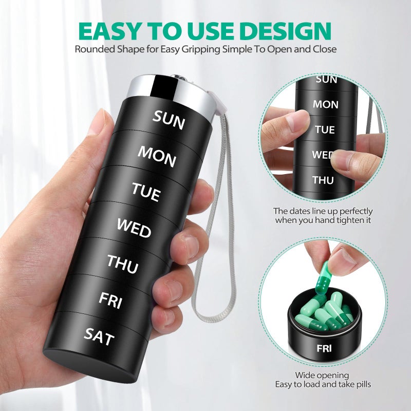 OUVBTX Metal Travel Pill Organizer, Large Weekly Pill Box, Portable Aluminum Alloy Waterproof Container, 7 Day Daily Medicine Organizer Holder for Vitamin, Fish Oil, Supplement, Black - Image 4