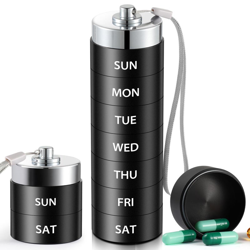 OUVBTX Metal Travel Pill Organizer, Large Weekly Pill Box, Portable Aluminum Alloy Waterproof Container, 7 Day Daily Medicine Organizer Holder for Vitamin, Fish Oil, Supplement, Black - Image 1
