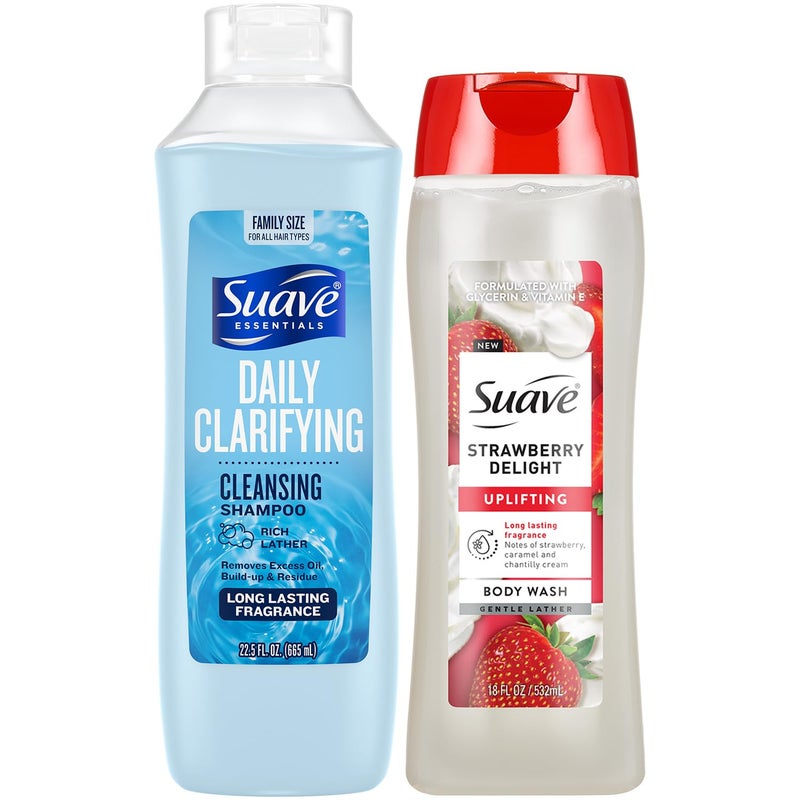 Suave Daily Clarifying Shampoo and Strawberry Delight Body Wash Bundle Shower Essentials for Healthy Skin Hair - Image 1