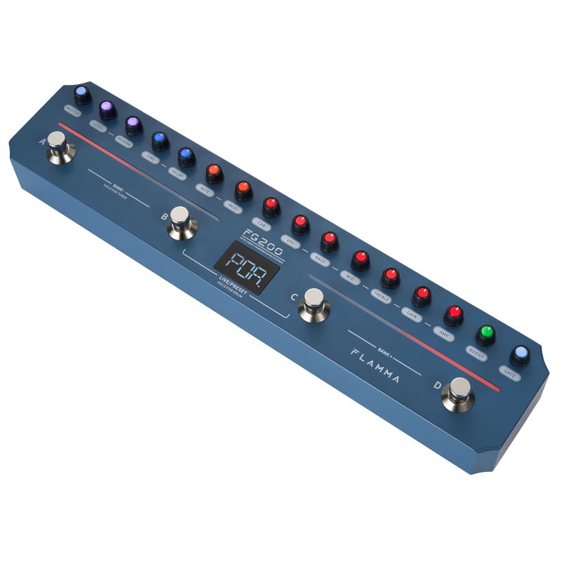 FLAMMA FG200 Intelligent MultiEffects Guitar Pedal with 52 AMP Models 5 BOOST Models 16 CAB Simulations 7 Effects Modules 9 IR Slots 40 Presets 40 Rhythm Styles Support APP OTG