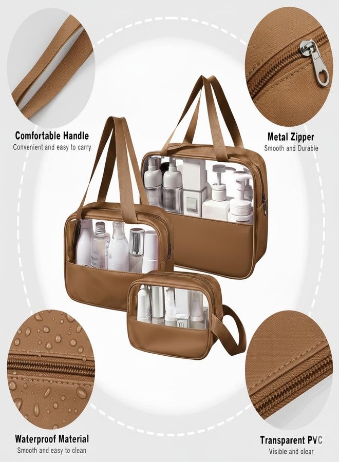 KBS Washbag Toiletry Kit Cosmetic Makeup Storage Organizer Bags Pouch Set of 3, Clear Travel Luggage Organiser Transparent with Metal Zipper for Men Women Girls (Brown) - Image 4