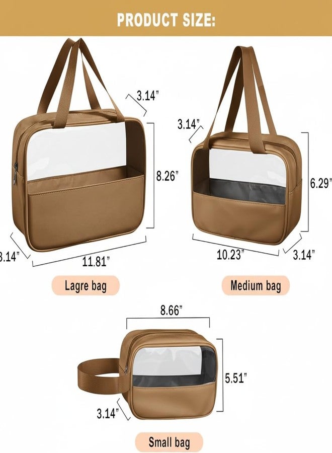 KBS Washbag Toiletry Kit Cosmetic Makeup Storage Organizer Bags Pouch Set of 3, Clear Travel Luggage Organiser Transparent with Metal Zipper for Men Women Girls (Brown) - Image 2