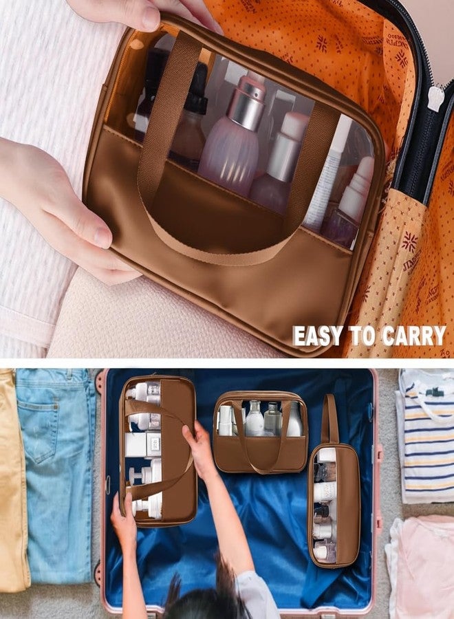 KBS Washbag Toiletry Kit Cosmetic Makeup Storage Organizer Bags Pouch Set of 3, Clear Travel Luggage Organiser Transparent with Metal Zipper for Men Women Girls (Brown) - Image 3