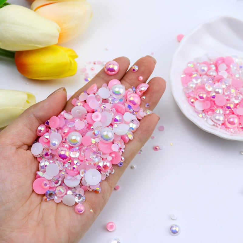 Briskbloom 60g Flatback Pearls and Rhinestones for Crafts, 3620PCS 2mm-10mm Mix for Nails Face Art Tumblers, with Tweezers Wax Pen, White|Pinks - Image 2