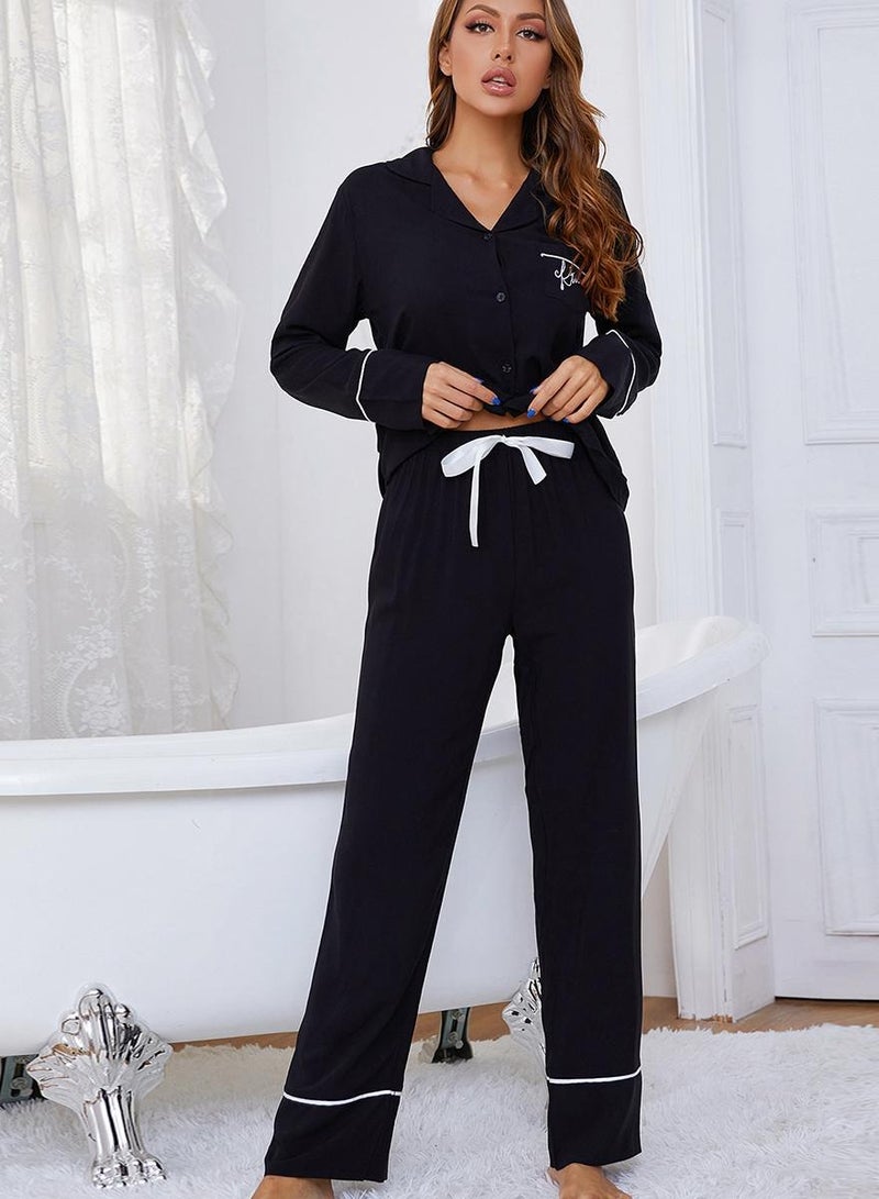 Loquat Women's Loose 2-Piece Set Pajamas Long Sleeve Lapel Top And Pants Soft Loungewear Nightgown Suit Leisure Wear Black - Image 1