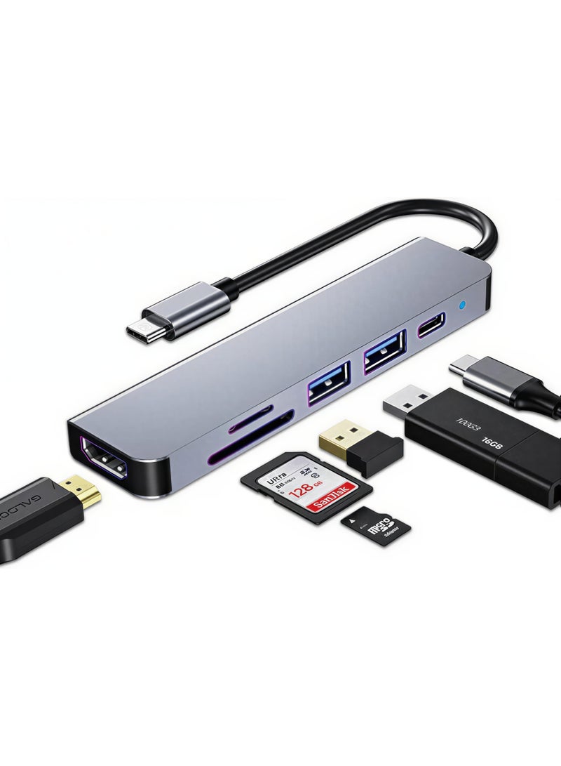 أوريون ماكس محول متعدد المنافذ 6 في 1 بمنفذ USB-C، يدعم دقة 4K HDMI، شحن سريع بقوة 100 واط، منفذي USB 3.0، قارئ بطاقات SD وTF، متوافق مع أجهزة MacBook وDell وHP وSurface وiPad Pro وأجهزة الكمبيوتر المحمولة - Image 1