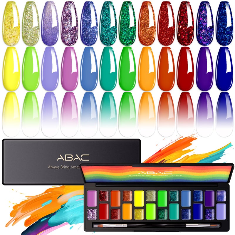 ABAC 24 Color Solid Gel Nail Polish,Ombre Gel Nail Polish,Pat Paint Nail Gel - Rainbow Shades Yellow/Ocean Blue Hema-Free w/Brush,LED Curing for Everyday Wear,Party Nails Pro Salon DIY Set - Image 1