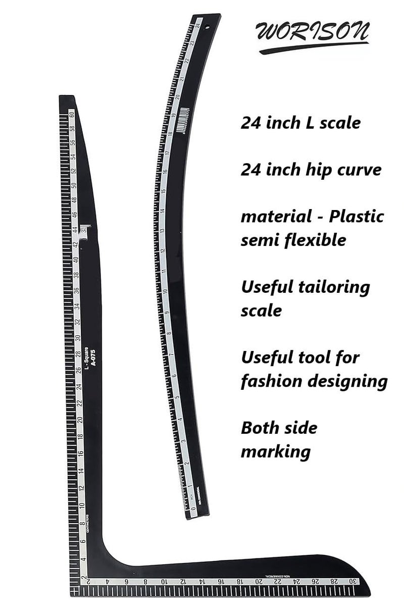 Worison Fashion Designing Tailoring 1pc Hip Curve and 1pc L scale Combo 24 inch Ruler - Image 3