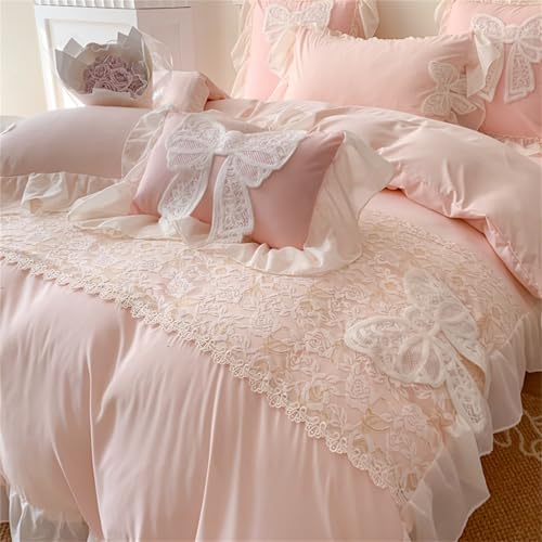 MOOWOO Ruffled Bedding Bow Duvet Cover -Twin Size Pink Chic Lace Bedding Set with Cute Bowtie-2 Pieces Soft Comforter Cover Set with Zipper Closure-Romantic French Princess Style-No Comforter-Pink,Twin Size - Image 3