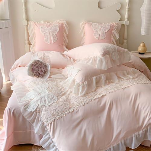 MOOWOO Ruffled Bedding Bow Duvet Cover -Twin Size Pink Chic Lace Bedding Set with Cute Bowtie-2 Pieces Soft Comforter Cover Set with Zipper Closure-Romantic French Princess Style-No Comforter-Pink,Twin Size - Image 5