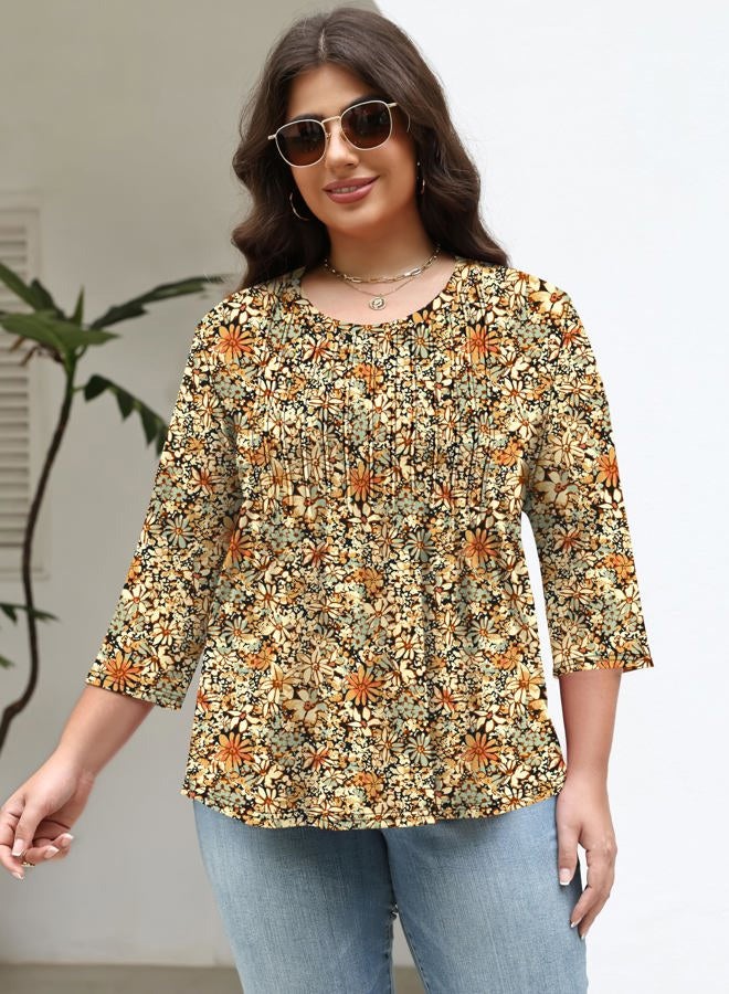 TFSDOD Womens Plus Size Tops 3/4 Length Sleeve Womens Tops Crewneck Pleated Boho Tunic Casual Shirts XL-5X, Orange Floral, XXL - Image 2