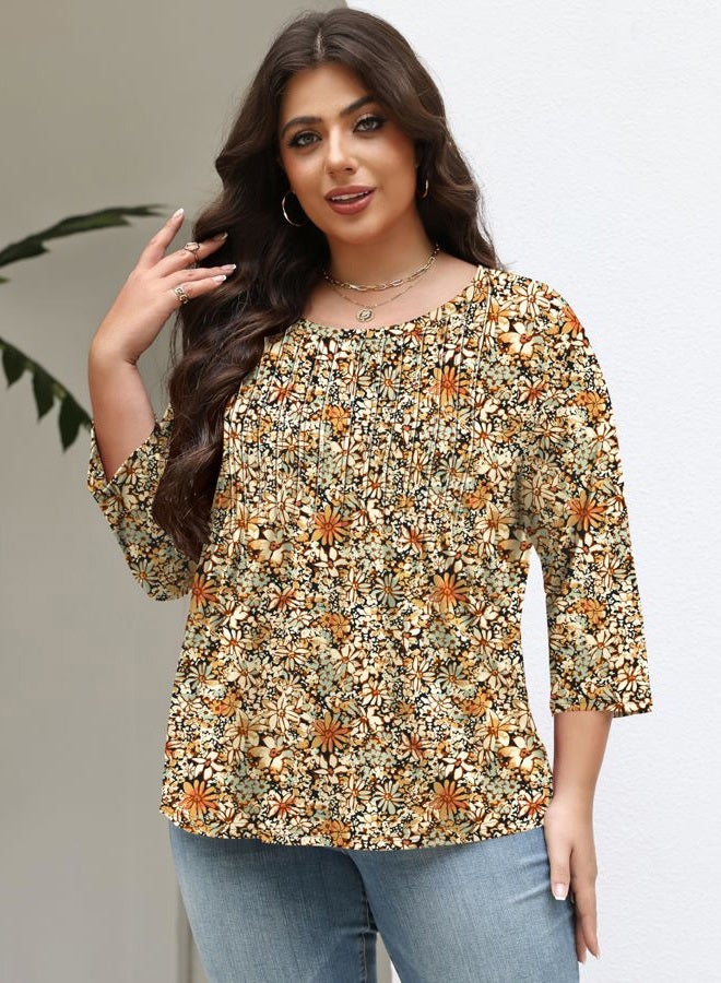 TFSDOD Womens Plus Size Tops 3/4 Length Sleeve Womens Tops Crewneck Pleated Boho Tunic Casual Shirts XL-5X, Orange Floral, XXL - Image 4