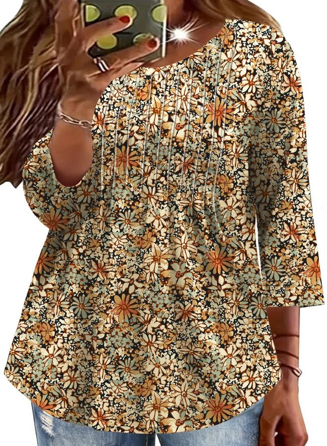 TFSDOD Womens Plus Size Tops 3/4 Length Sleeve Womens Tops Crewneck Pleated Boho Tunic Casual Shirts XL-5X, Orange Floral, XXL - Image 1