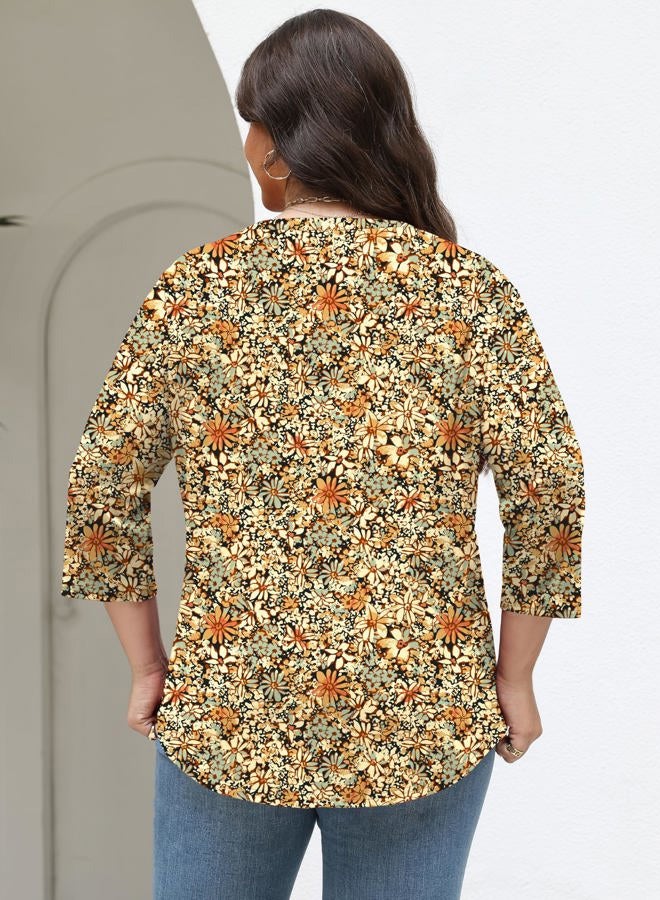 TFSDOD Womens Plus Size Tops 3/4 Length Sleeve Womens Tops Crewneck Pleated Boho Tunic Casual Shirts XL-5X, Orange Floral, XXL - Image 5