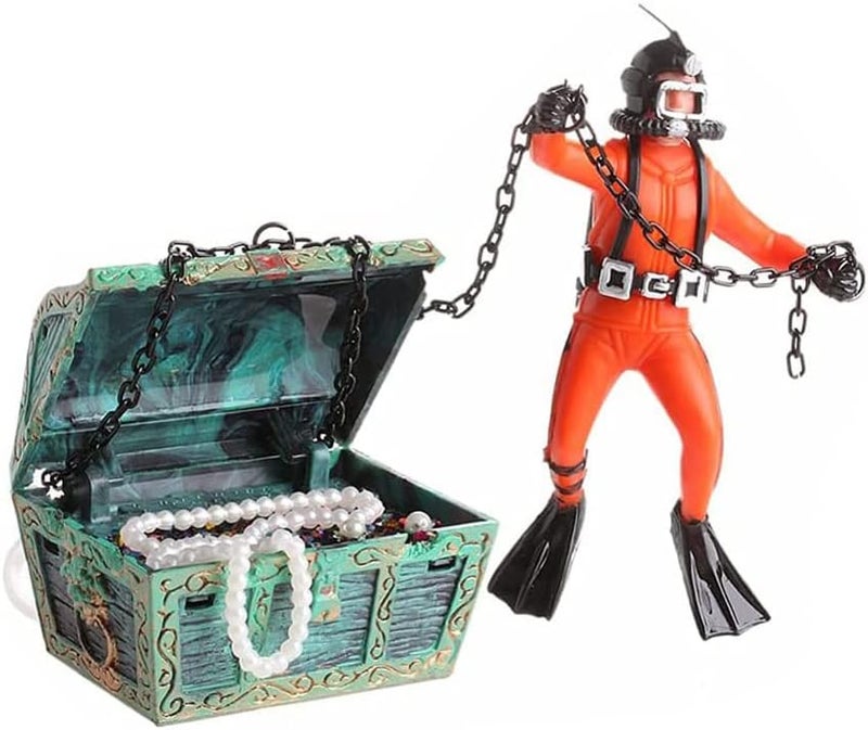Eyech LiveAction Aquarium Ornament Creative Undersea Treasure Chest Diver Air Bubbler Aerating for Fish Tank Decorations Orange Color - Image 3
