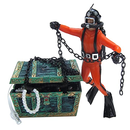 Eyech LiveAction Aquarium Ornament Creative Undersea Treasure Chest Diver Air Bubbler Aerating for Fish Tank Decorations Orange Color - Image 1