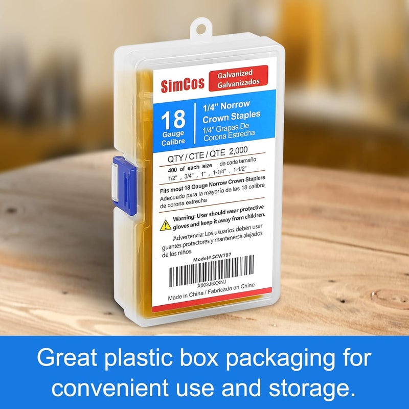SimCos 18 Gauge 1/4" Narrow Crown Staples (1-1/2",1-1/4" 1", 3/4", 1/2"), 2000 pcs Galvanized Assorted Sizes for 18 GA Pneumatic or Electric Stapler or Staple Gun,Project Pack (Assembly 2000) - Image 4