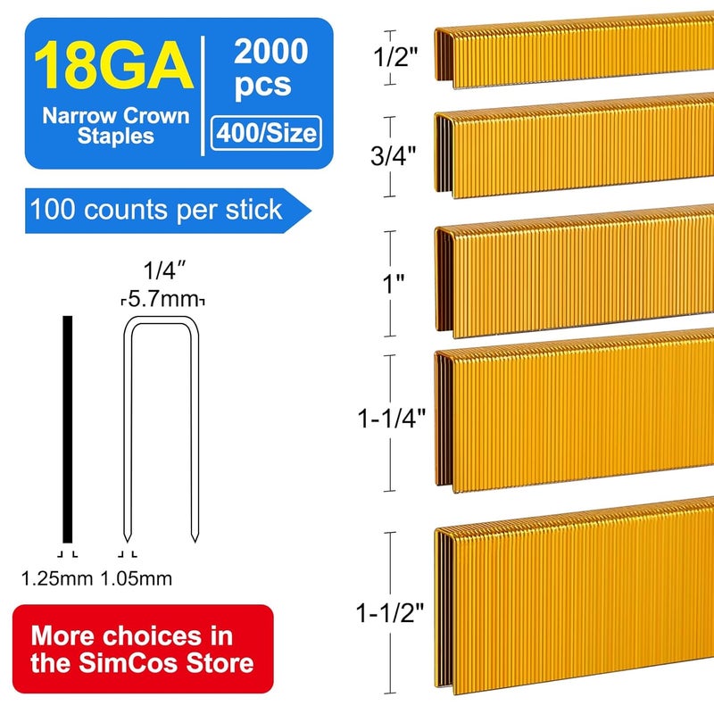 SimCos 18 Gauge 1/4" Narrow Crown Staples (1-1/2",1-1/4" 1", 3/4", 1/2"), 2000 pcs Galvanized Assorted Sizes for 18 GA Pneumatic or Electric Stapler or Staple Gun,Project Pack (Assembly 2000) - Image 2