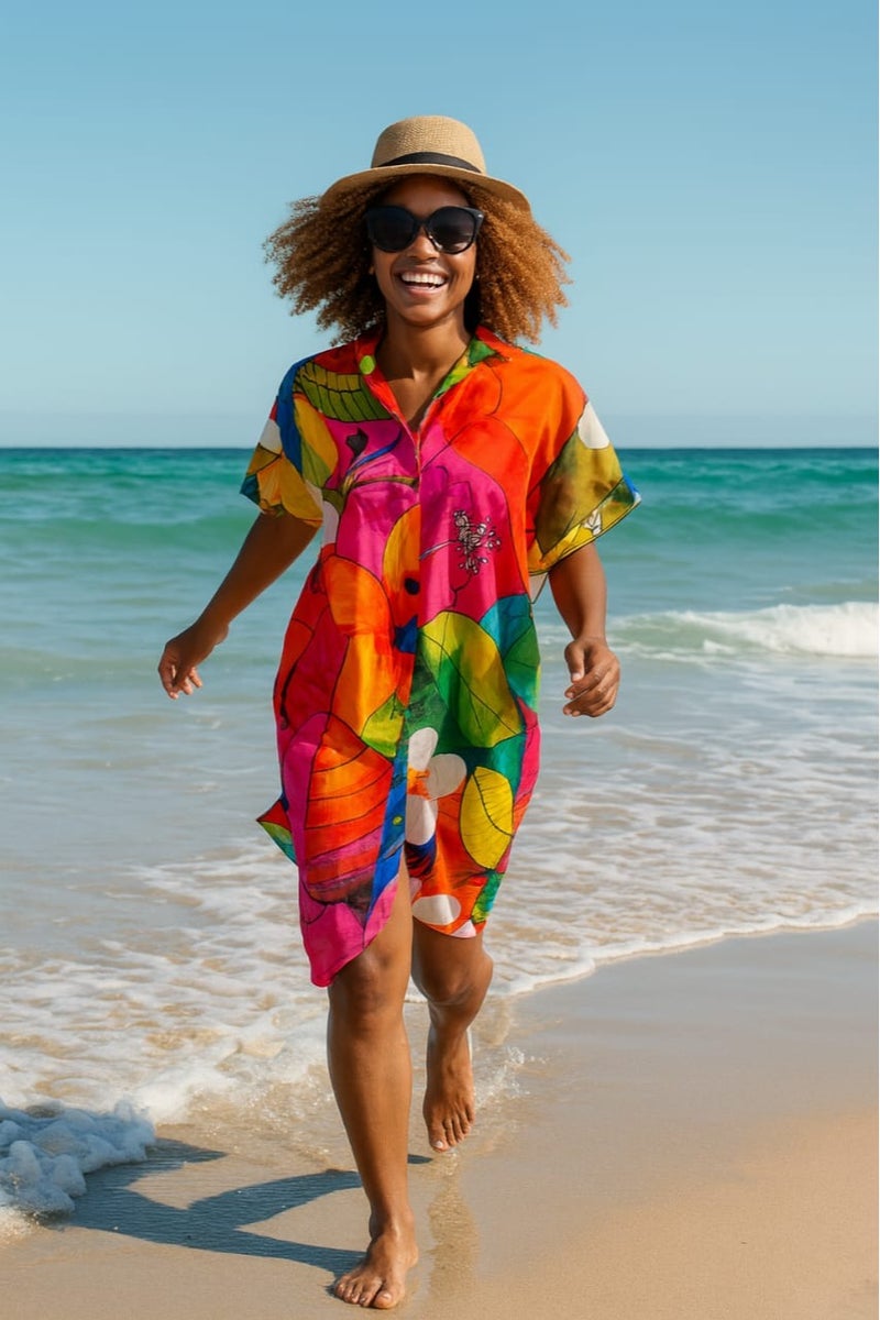 Mr.joe Mr Joe Playful flowers print Oversize Beach Cover-Up Fuchsia 2732 