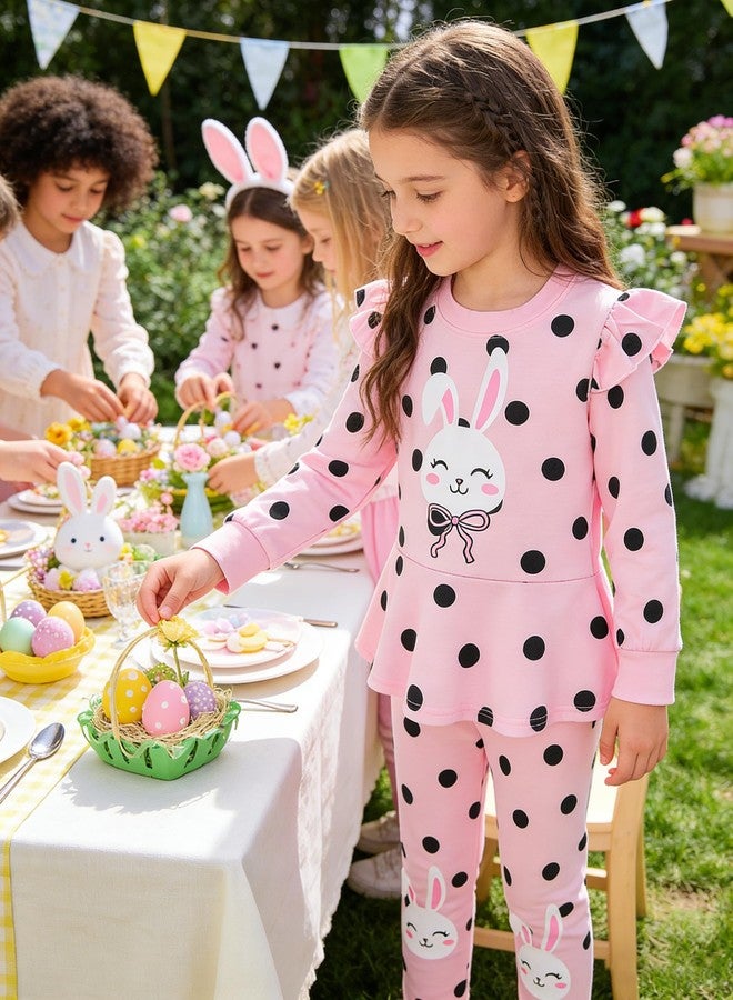 RETSUGO Little Girls Easter Outfit Girl Bunny Eggs Long Sleeve Sweatshirt Pullover Top Rabbit Polka Dots Print Pants Kids 2 Pieces Pink Outfit Easter Clothes8-9 Years old/2214 - Image 4
