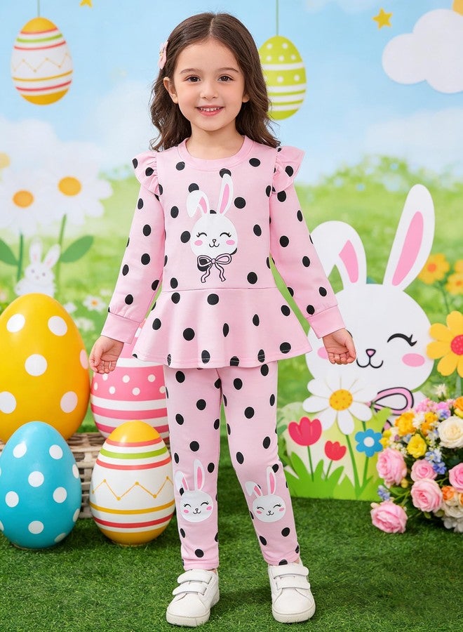 RETSUGO Little Girls Easter Outfit Girl Bunny Eggs Long Sleeve Sweatshirt Pullover Top Rabbit Polka Dots Print Pants Kids 2 Pieces Pink Outfit Easter Clothes8-9 Years old/2214 - Image 5