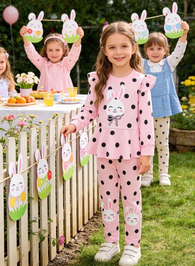 RETSUGO Little Girls Easter Outfit Girl Bunny Eggs Long Sleeve Sweatshirt Pullover Top Rabbit Polka Dots Print Pants Kids 2 Pieces Pink Outfit Easter Clothes8-9 Years old/2214 - Image 3