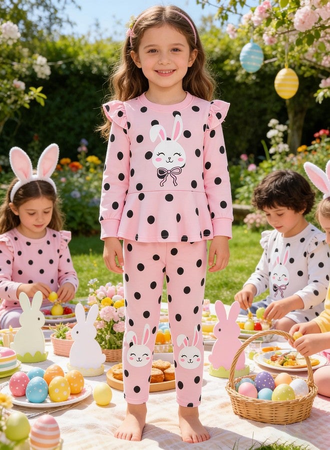 RETSUGO Little Girls Easter Outfit Girl Bunny Eggs Long Sleeve Sweatshirt Pullover Top Rabbit Polka Dots Print Pants Kids 2 Pieces Pink Outfit Easter Clothes8-9 Years old/2214 - Image 2