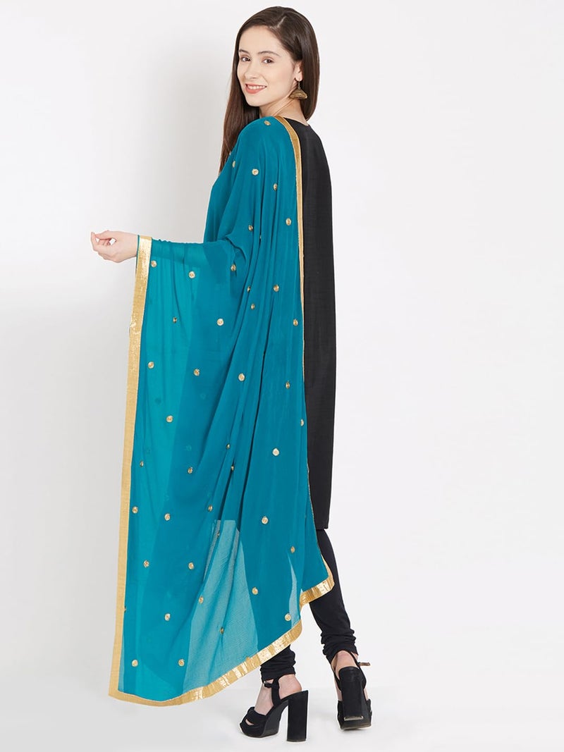 themilestocks Woman's Embroidered Chiffon Dupatta Scarf Shawl Wrap Soft Indian Bridal Wedding - Teal - Image 4
