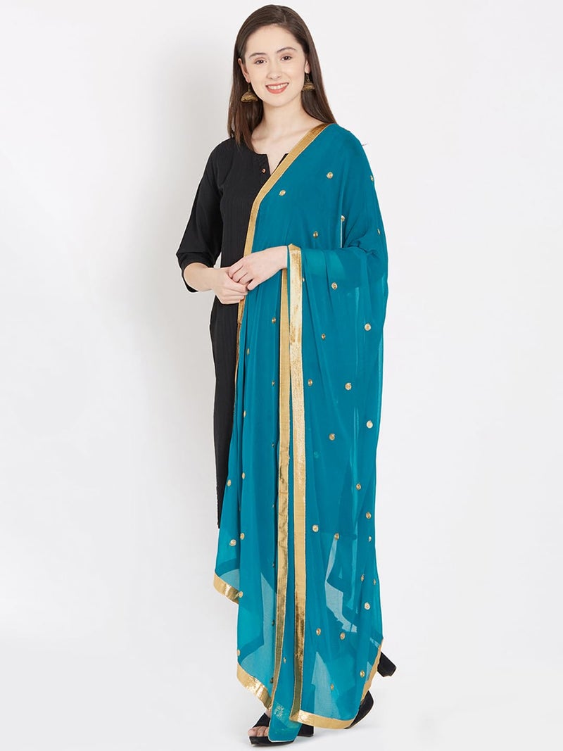 themilestocks Woman's Embroidered Chiffon Dupatta Scarf Shawl Wrap Soft Indian Bridal Wedding - Teal - Image 3