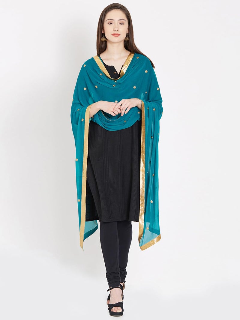 themilestocks Woman's Embroidered Chiffon Dupatta Scarf Shawl Wrap Soft Indian Bridal Wedding - Teal - Image 2