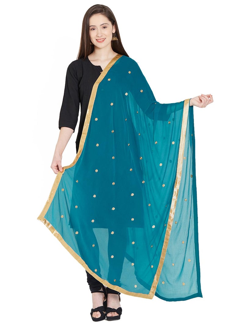 themilestocks Woman's Embroidered Chiffon Dupatta Scarf Shawl Wrap Soft Indian Bridal Wedding - Teal - Image 1