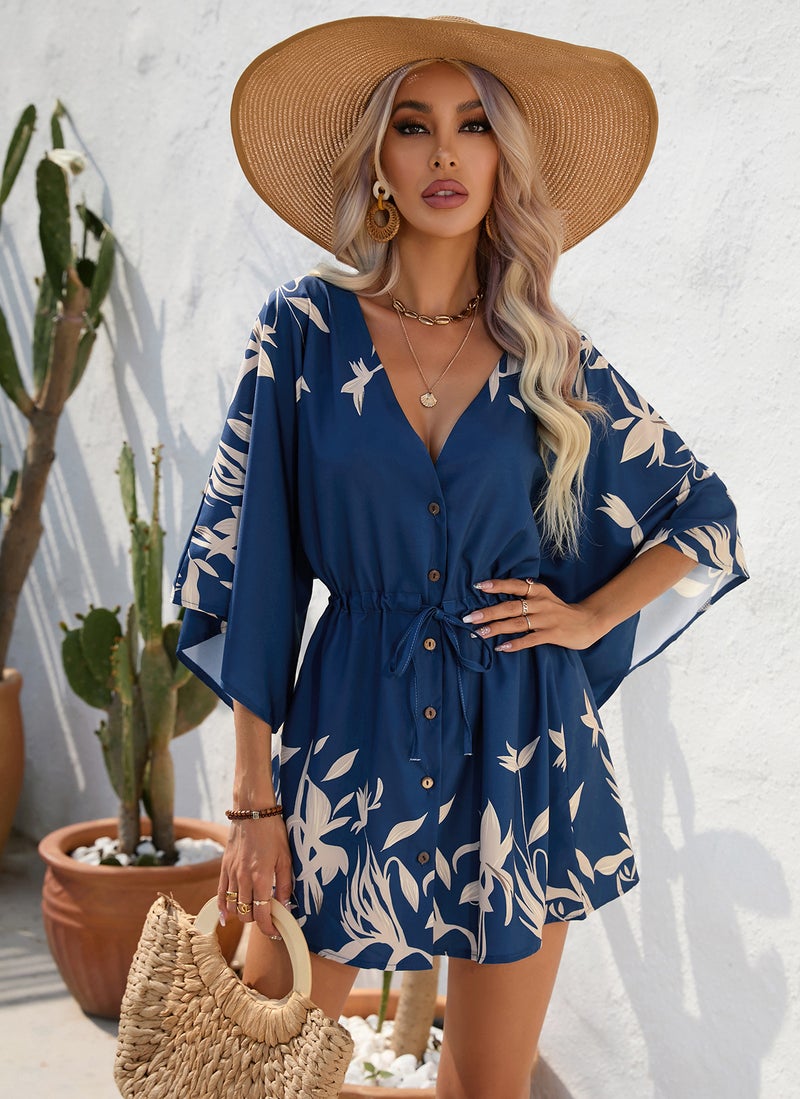 Foreign Trade Women's Clothing European and American Station Leaf Print Quarter Sleeve Elegant Chiffon Dress