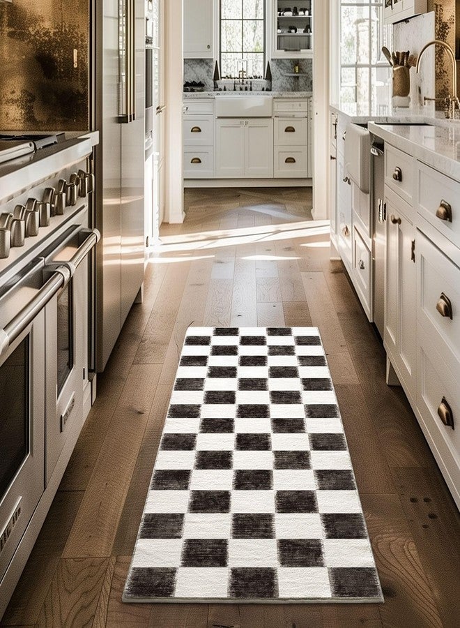 EverGrace Checkered Plaid Area Rug 2x6, Soft Fuzzy Faux Wool Rugs Washable Anti Slip Rugs Long Runner Rug Carpet for Entryway Bedroom Living Room Hallway Kitchen Dining Room and Laundry Room, Black - Image 1