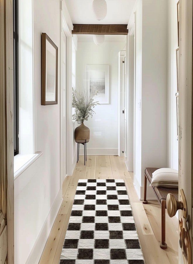 EverGrace Checkered Plaid Area Rug 2x6, Soft Fuzzy Faux Wool Rugs Washable Anti Slip Rugs Long Runner Rug Carpet for Entryway Bedroom Living Room Hallway Kitchen Dining Room and Laundry Room, Black - Image 2