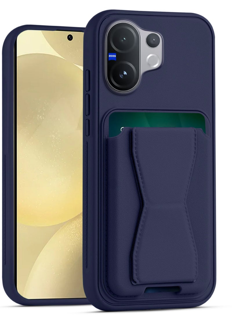 غطاء خلفي من الجلد مع محفظة بطاقات، جراب قابل للطي ومقاوم للصدمات متوافق مع هاتف Vivo V60 (أزرق)