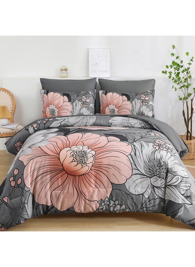 Xruibed Queen Comforter Set 7 Pieces Grey Floral Comforter Set Queen Size Bed in a Bag Flower Bedding Sets Lightweight Boho Bed Set with Sheet,Pillowcases&Shams for All Season - Image 1