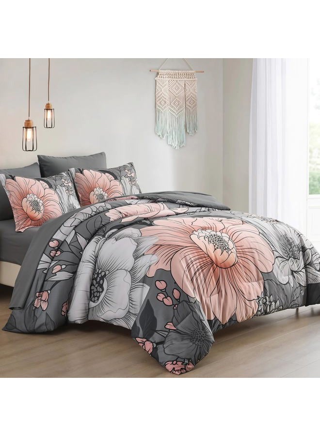 Xruibed Queen Comforter Set 7 Pieces Grey Floral Comforter Set Queen Size Bed in a Bag Flower Bedding Sets Lightweight Boho Bed Set with Sheet,Pillowcases&Shams for All Season - Image 2