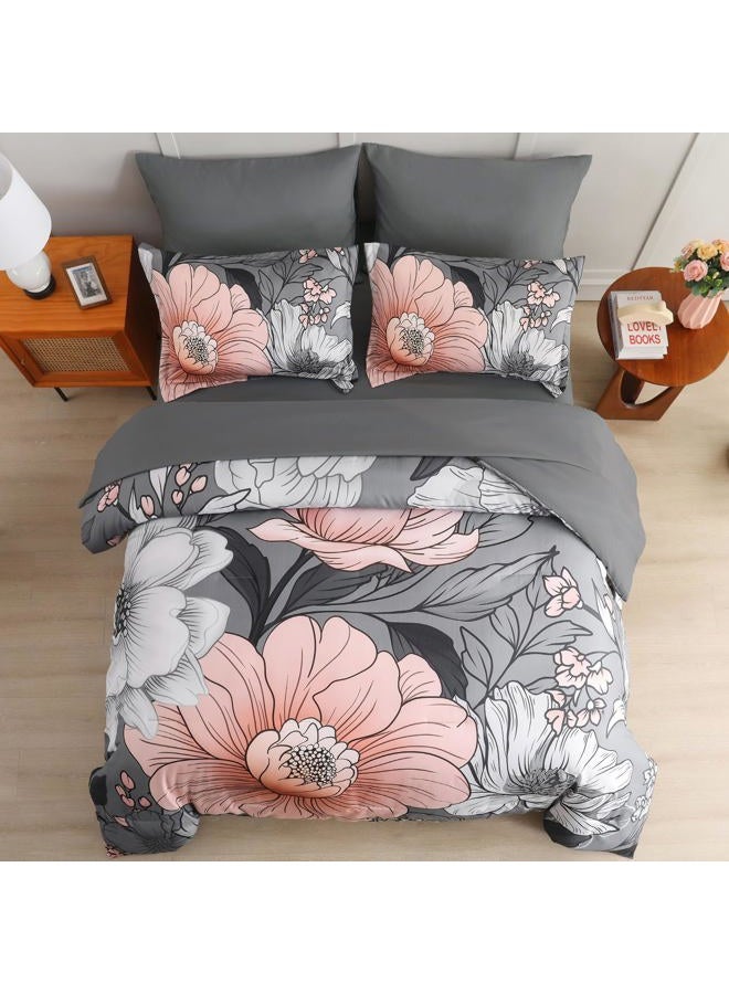 Xruibed Queen Comforter Set 7 Pieces Grey Floral Comforter Set Queen Size Bed in a Bag Flower Bedding Sets Lightweight Boho Bed Set with Sheet,Pillowcases&Shams for All Season - Image 4