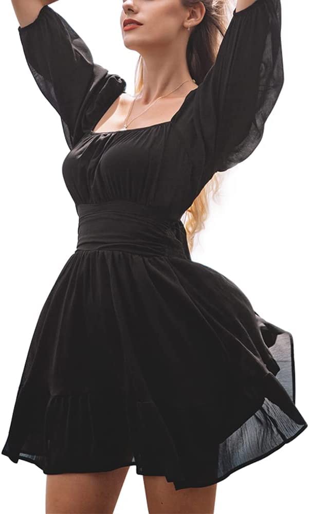 PATLANI Western Dresses for Women |Square Collar OR Off Shoulder Wearing Dress | Midi Western Dress for Women.(Off-Black-S) - Image 1